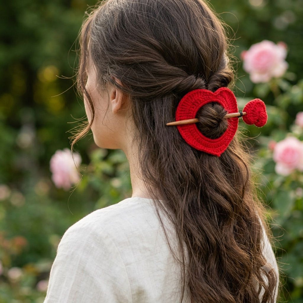 Red heart crochet bun stick