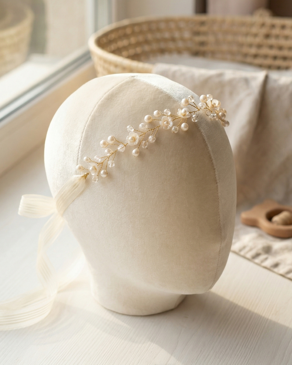 Pearl & Crystal Hair Vine with Ribbon Tie