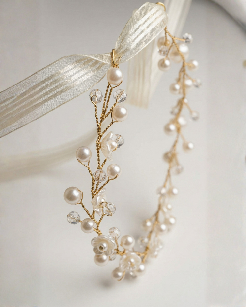Pearl & Crystal Hair Vine with Ribbon Tie