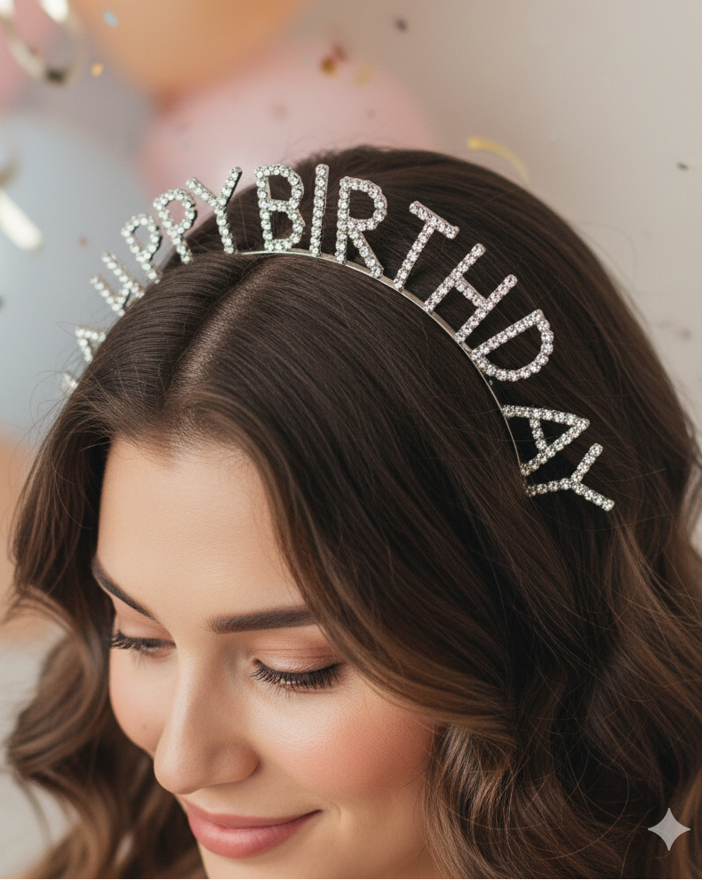Woman wearing a 'Happy Birthday' tiara with balloons in the background