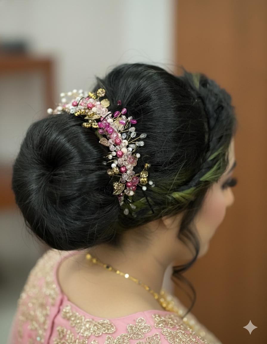 Woman with intricate hair bun adorned with decorative hairpiece, wearing a pink and gold outfit.
