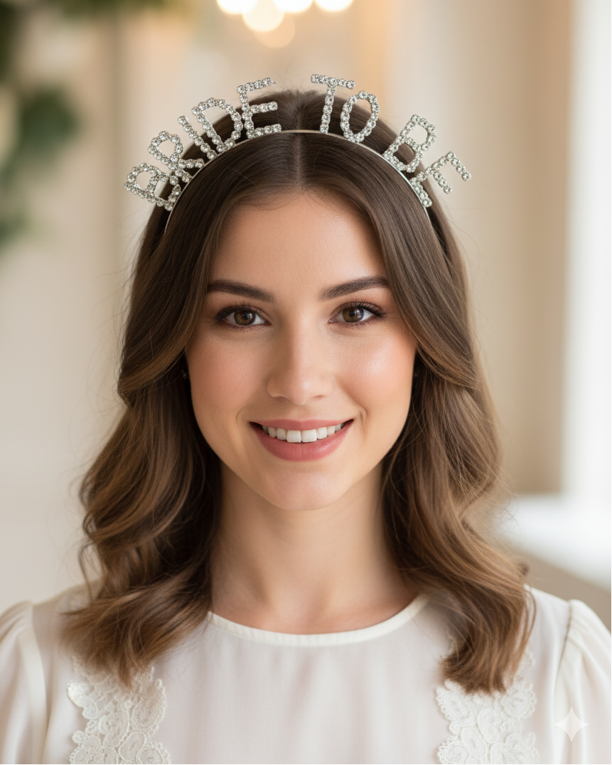 Woman wearing a tiara with 'MRS. IRENE' on it, smiling in a softly blurred indoor setting.