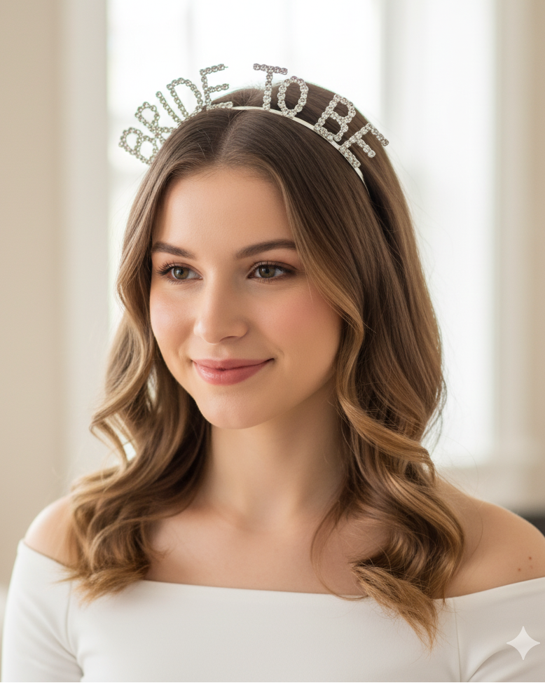 Woman wearing a 'Bride to Be' tiara indoors with a neutral background