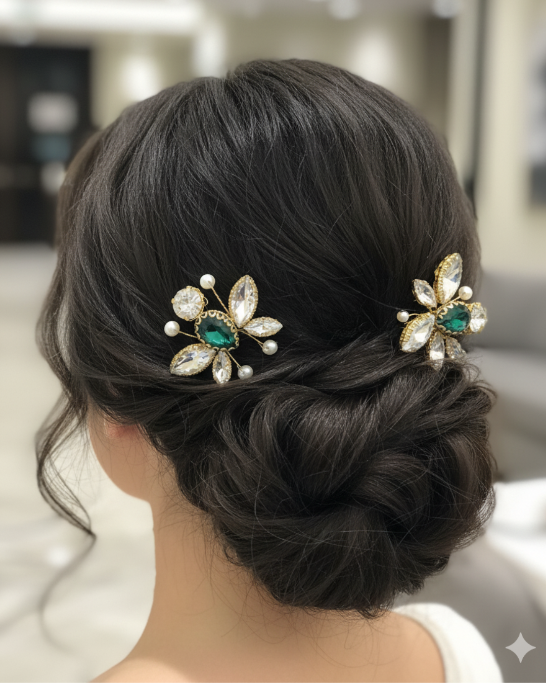 Hair bun with decorative hair pins on a blurred indoor background