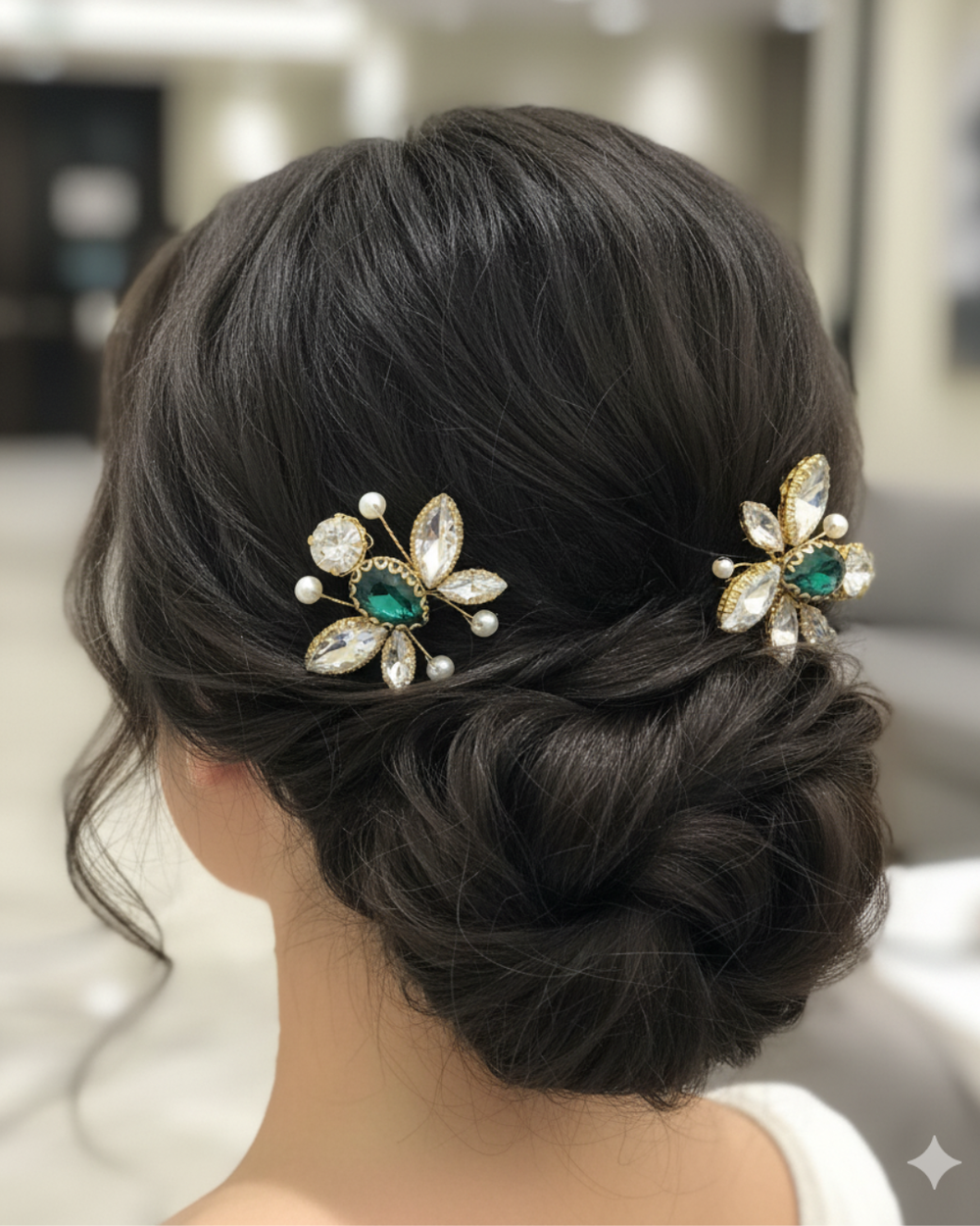 Hair bun with decorative hair pins on a blurred indoor background