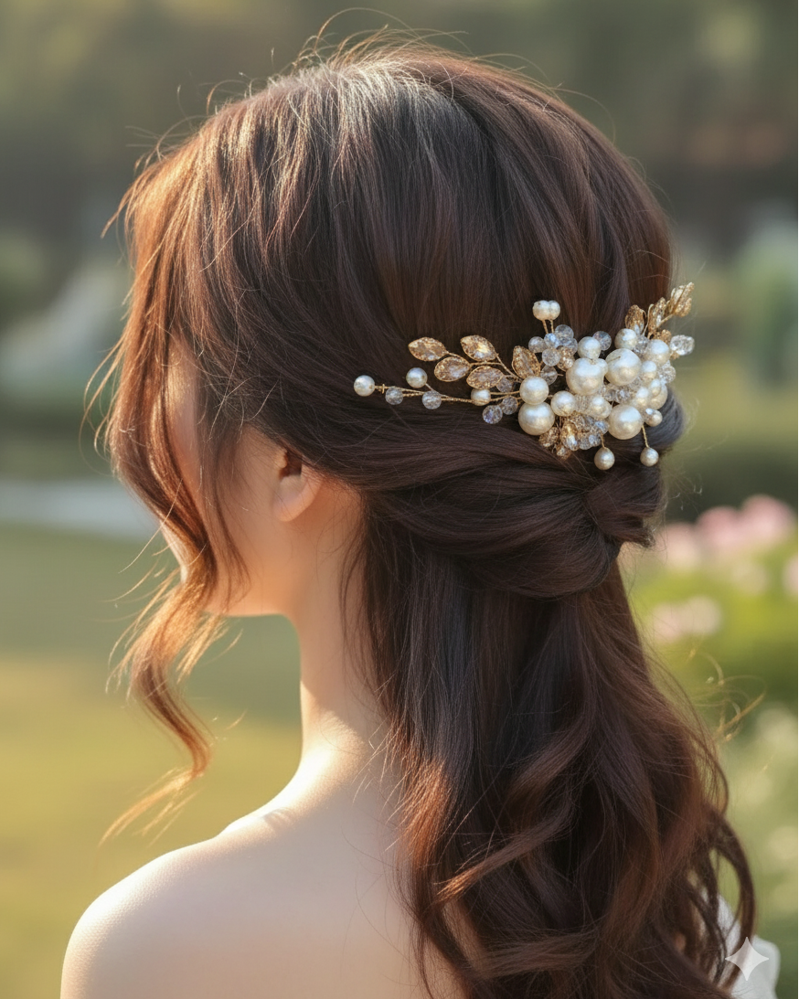 Woman with elegant hair styled with a decorative hairpiece against a blurred natural background