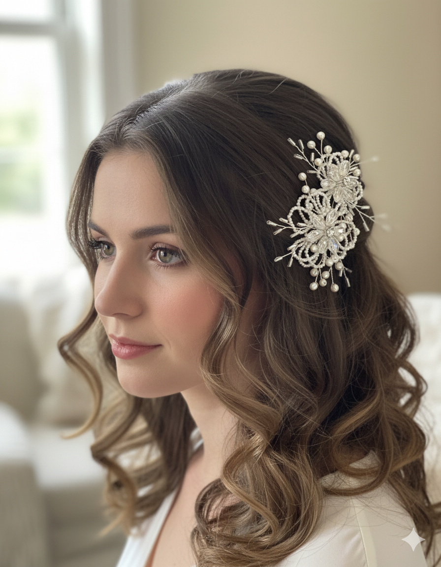 Woman with styled hair featuring a decorative hairpiece indoors.