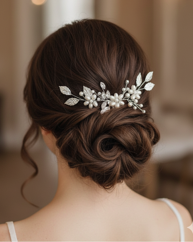 Woman with elegant hair styled with a decorative hairpiece in an indoor setting