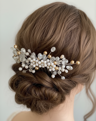 Hairpiece with pearls and crystals in a styled hairdo on a plain background