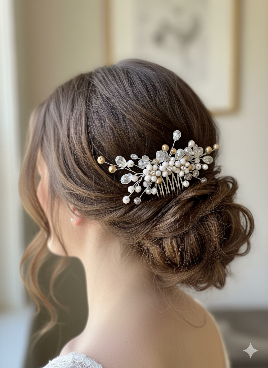 Woman with elegant hair styled with a decorative hair comb
