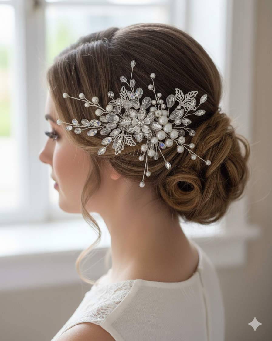 Woman with elegant hairpiece and updo in a softly blurred indoor setting