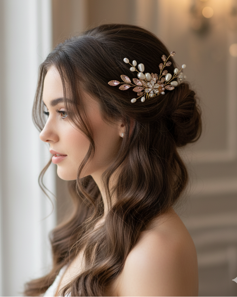 Woman with elegant hair styled with a decorative hairpiece in a softly lit room.
