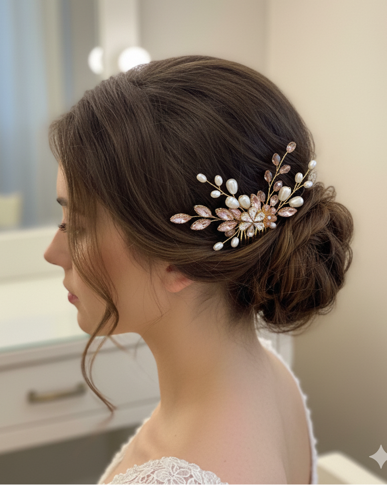 Woman with elegant hair styled with a decorative hairpin in a softly blurred indoor setting
