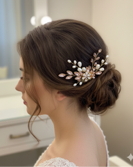 Woman with elegant hair styled with a decorative hairpin in a softly blurred indoor setting