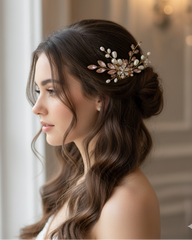 Woman with elegant hair styled with a decorative hairpiece in a softly lit room.