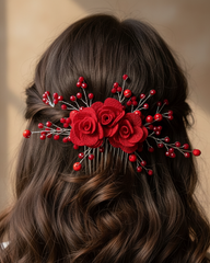 Hair accessory with red flowers and berries on a blurred background