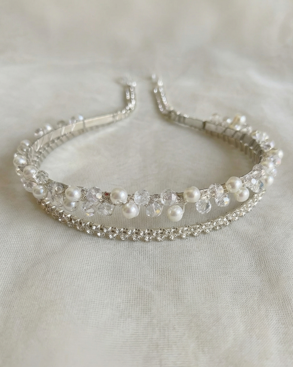The Alina Pearl & Crystal Hair Band - Double