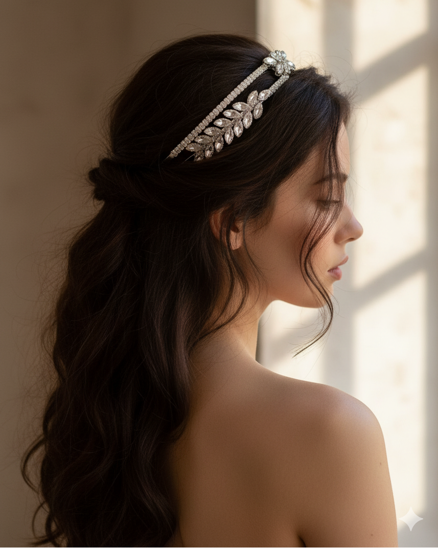 Woman with elegant hair styled with a decorative headband against a soft background