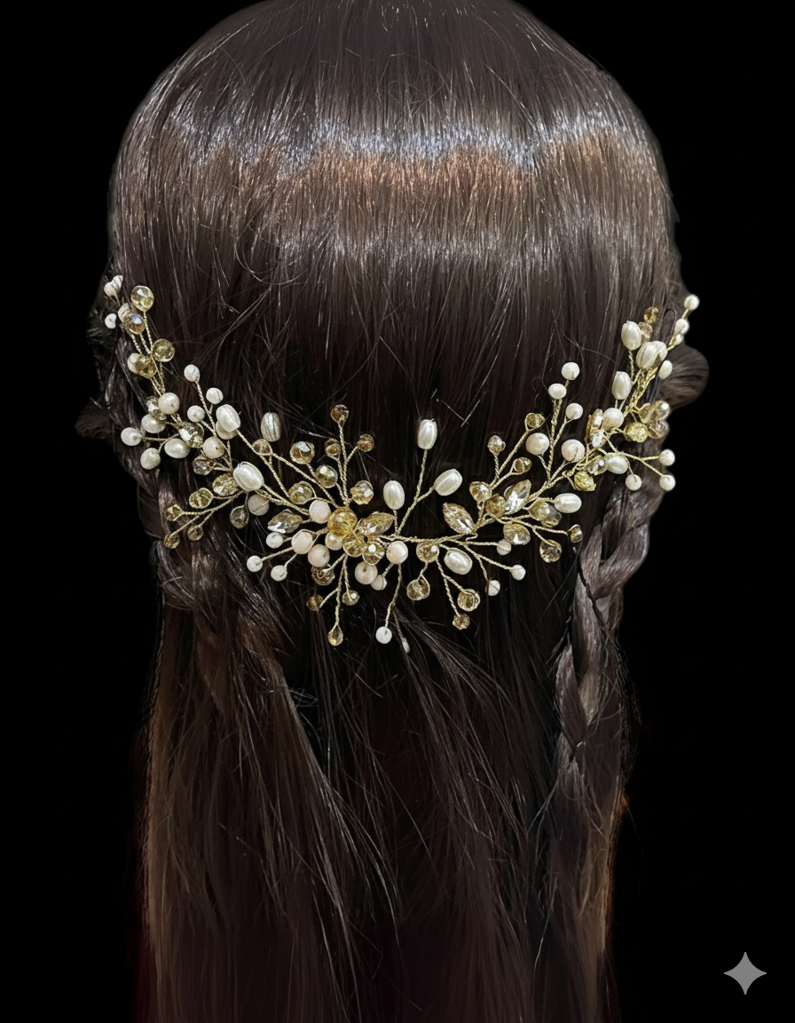 Hairpiece with gold and pearl embellishments on a dark background