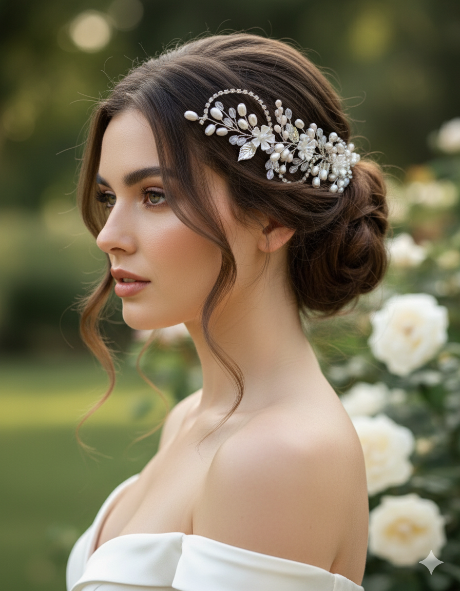 Woman with elegant hairpiece and white dress in a garden setting