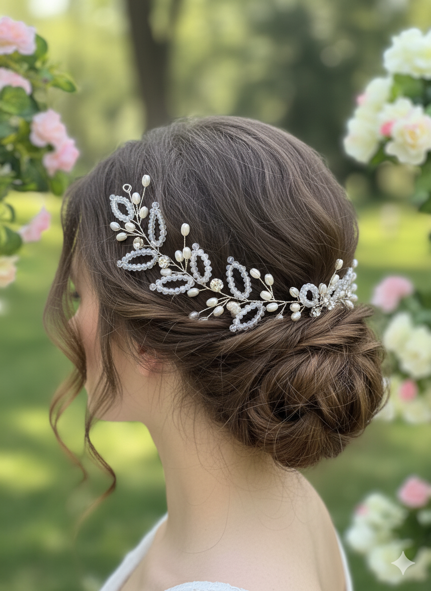 Woman with a decorative hairpiece in a garden setting
