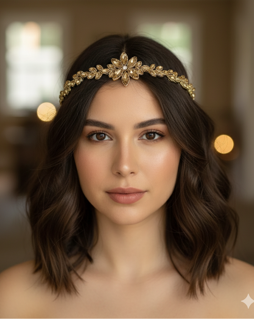 Woman wearing a gold headband with a blurred background