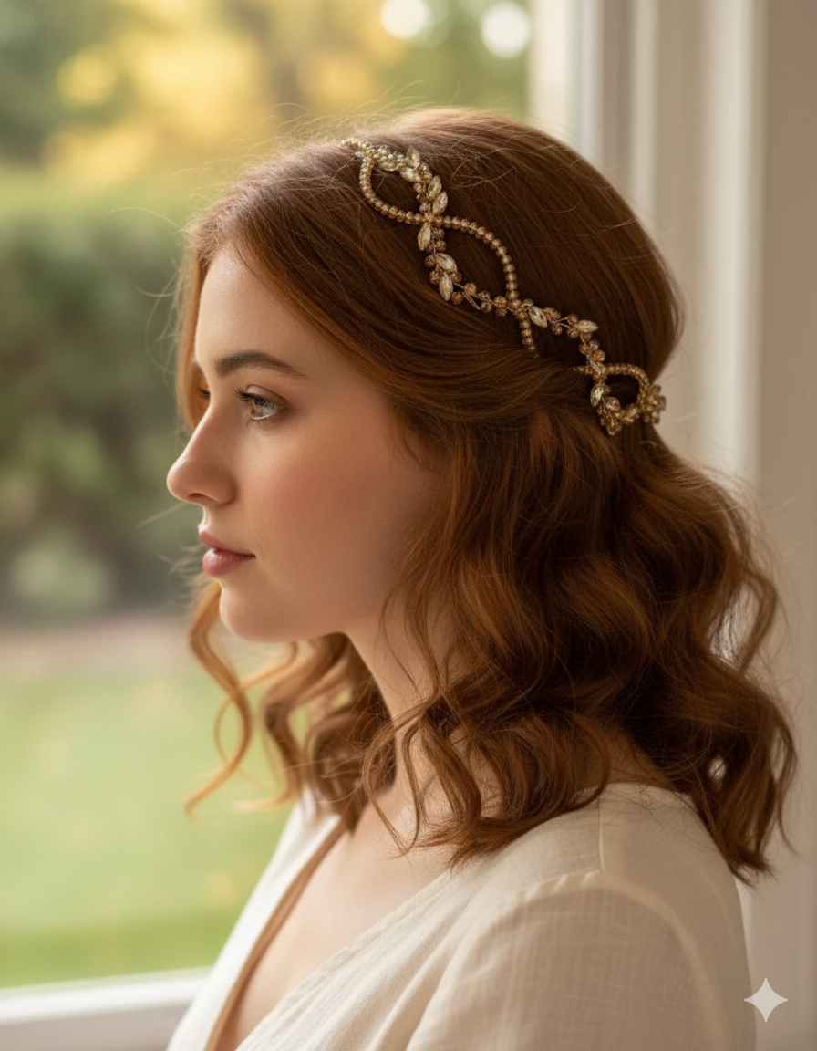 Woman with wavy hair wearing a decorative headband indoors