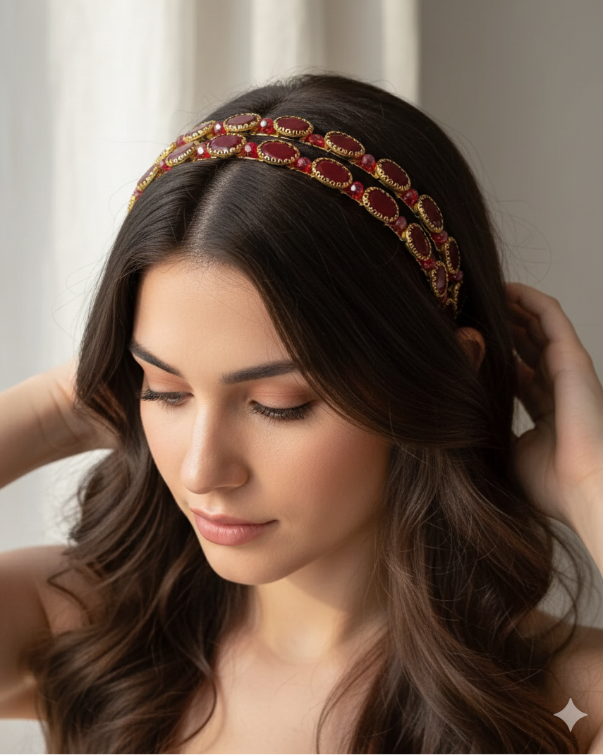 Woman wearing an ornate headband with red stones and gold accents.