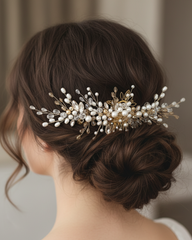 Elegant hairpiece with pearls and crystals in a styled hairdo against a neutral background