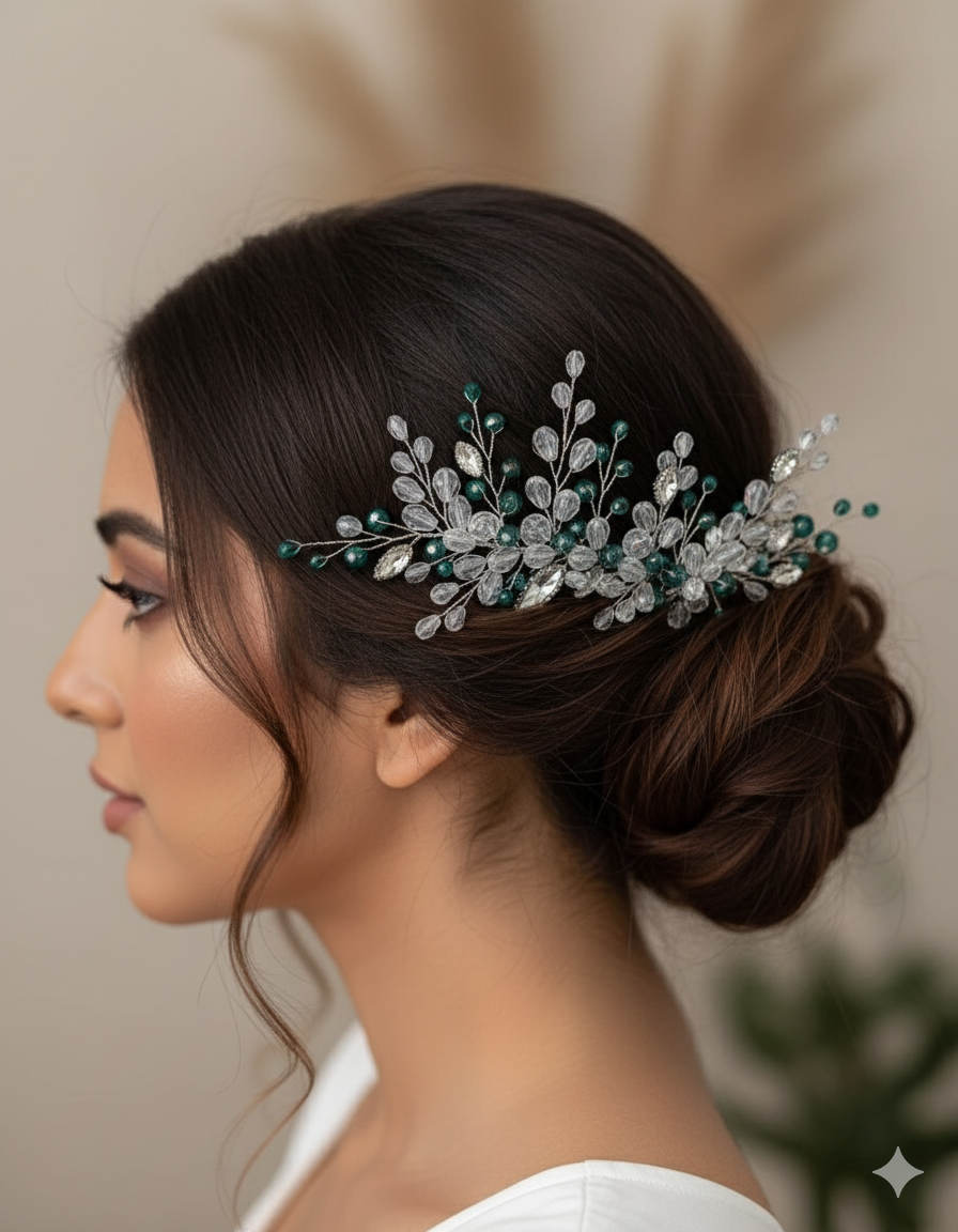 Woman with a decorative hairpiece wearing a white top against a neutral background