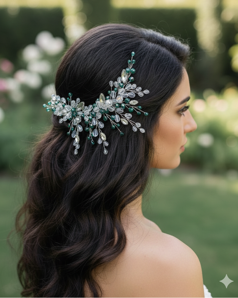 Woman with dark hair wearing a decorative hairpiece in an outdoor setting