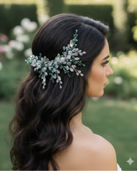 Woman with dark hair wearing a decorative hairpiece in an outdoor setting