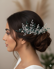 Woman with a decorative hairpiece wearing a white top against a neutral background