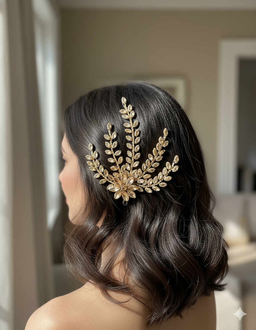 Woman with a gold leaf hairpiece wearing a gold leaf headband indoors.