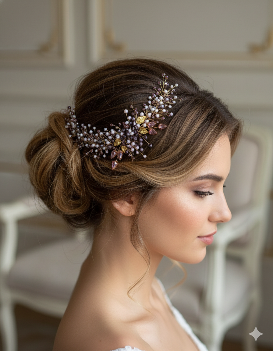 Woman with elegant hair styled with a decorative headpiece in an indoor setting