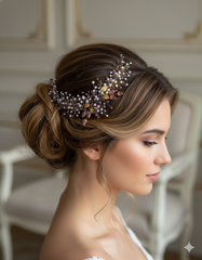 Woman with elegant hair styled with a decorative headpiece in an indoor setting
