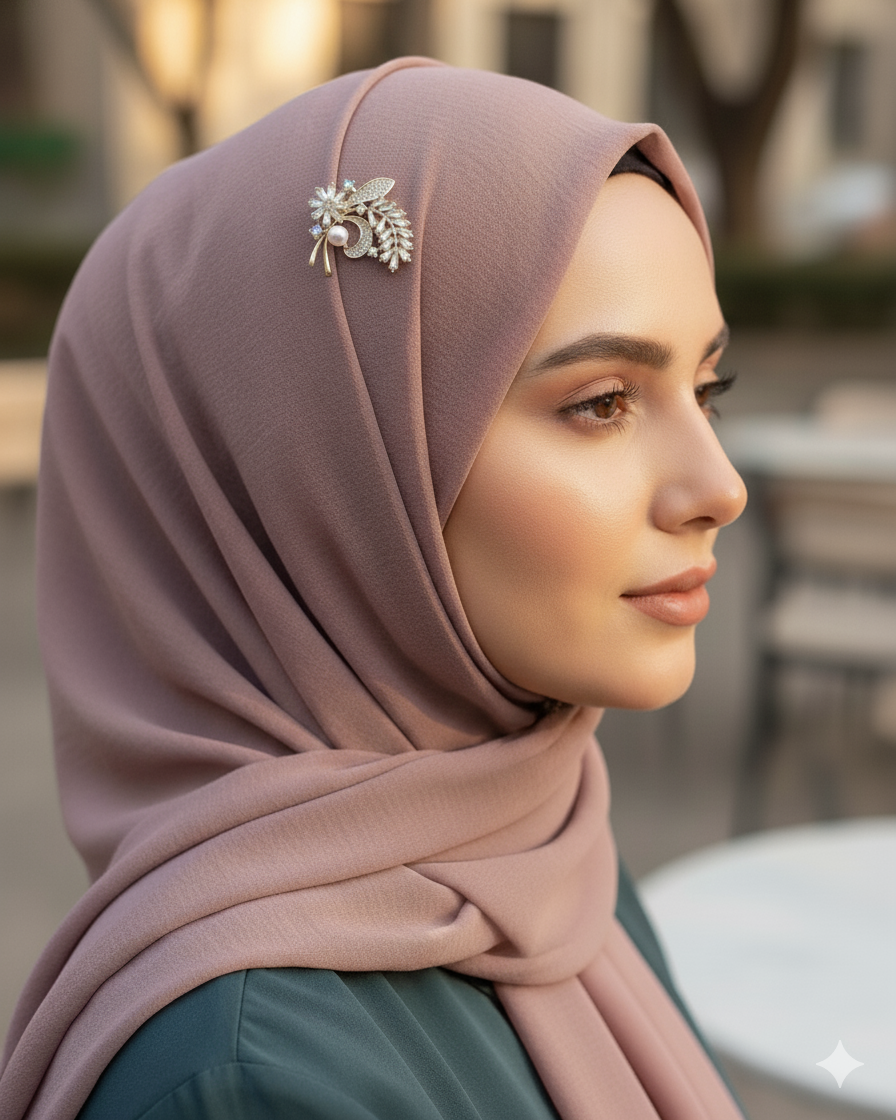Woman wearing a pink hijab with a decorative brooch, standing outdoors.