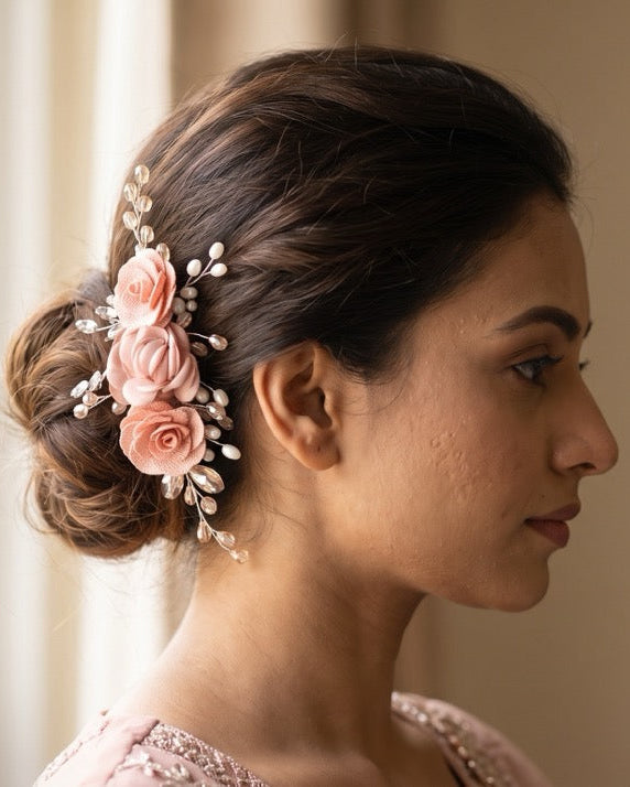 A woman in profile with her hair styled in a low bun, wearing a decorative hair accessory featuring pink fabric roses and white pearls, set against a soft beige indoor background.