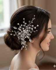 Woman with elegant hairpiece in a softly blurred indoor setting