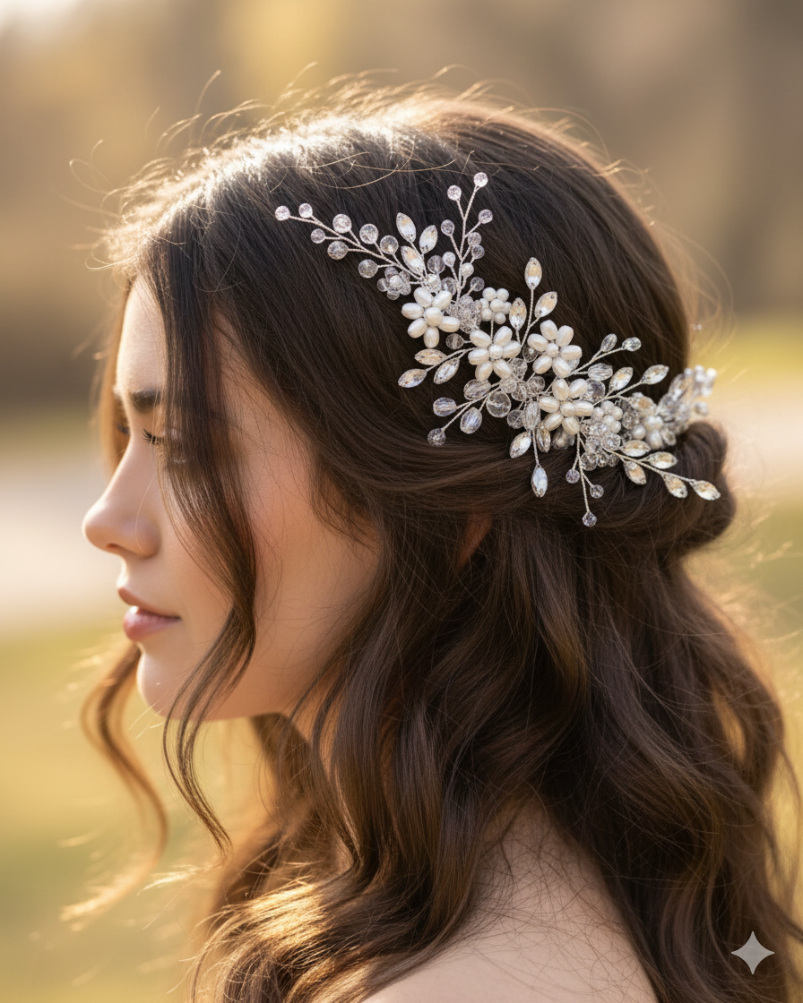 Woman with a decorative hairpiece featuring pearls and crystals against a blurred natural background