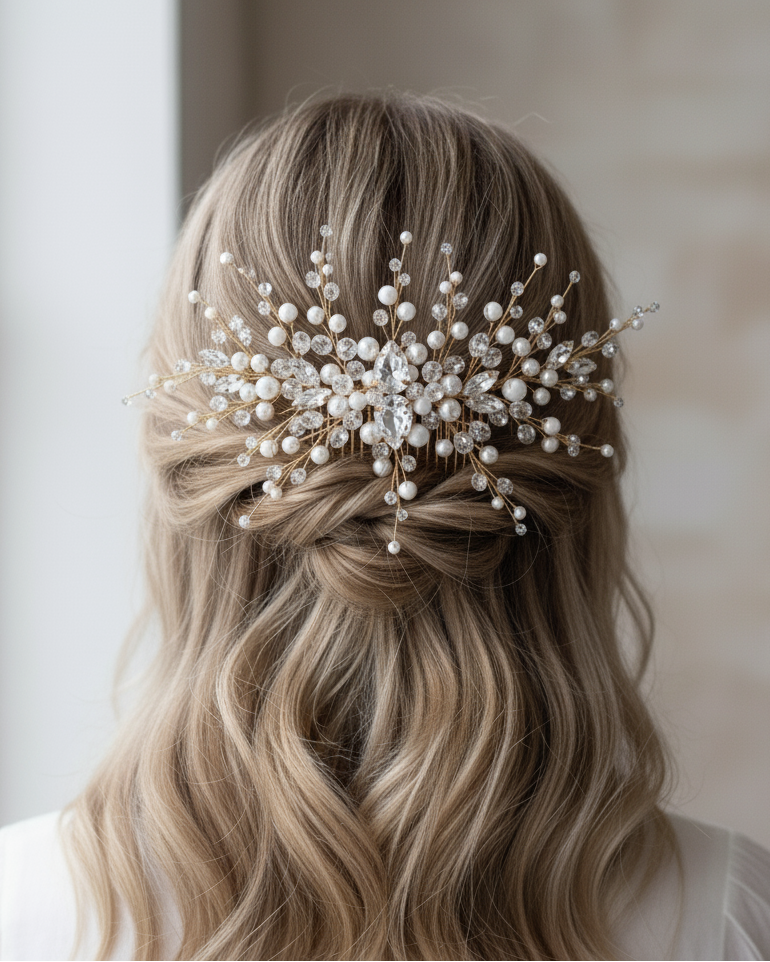 Blonde hair with a decorative pearl hairpiece against a neutral background