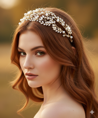 Woman wearing a decorative headpiece with a blurred natural background