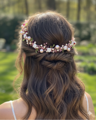 Woman with floral hair accessory in a park