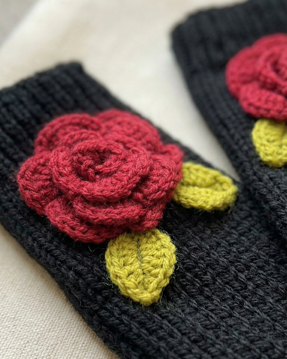Handmade Wool Knit Fingerless Gloves – Rose Detail (Pair)