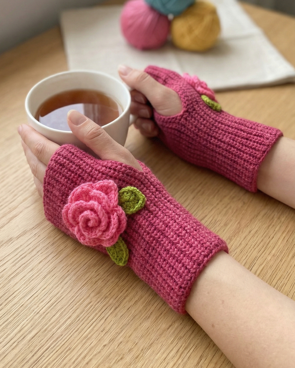 Handmade Wool Knit Fingerless Gloves – Pink Rose (Pair)